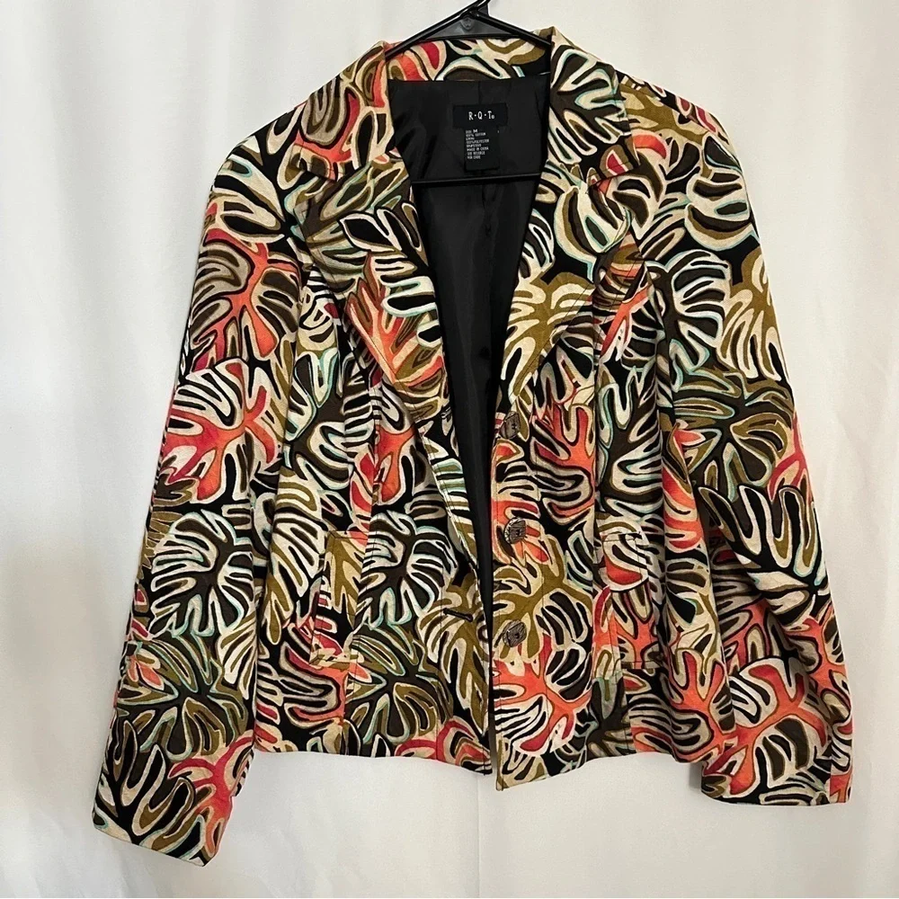90s Vintage R.Q.T Women's Leaf Print Multicolor Front Button Jacket sz M